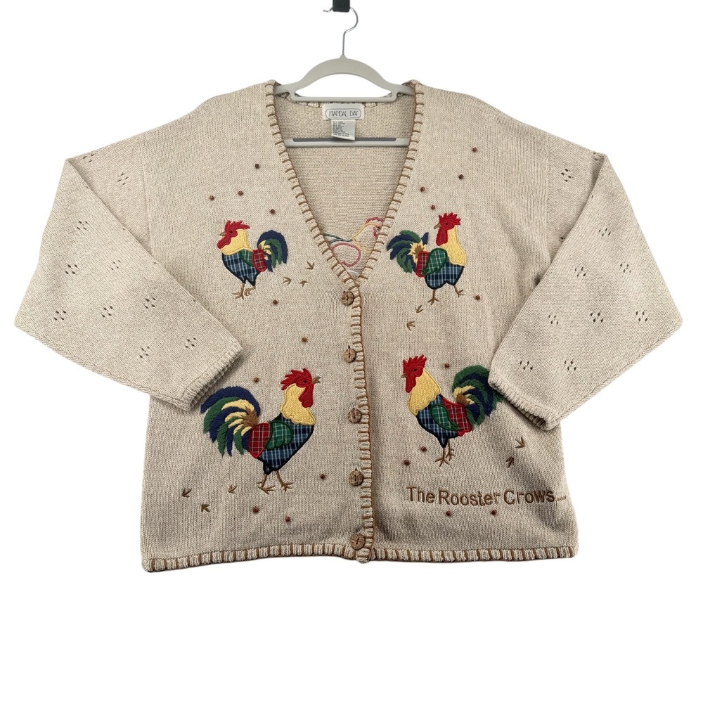 VTG Mandal Bay Rooster Embroidered Cardigan Linen Blend Women Large Farmhouse
